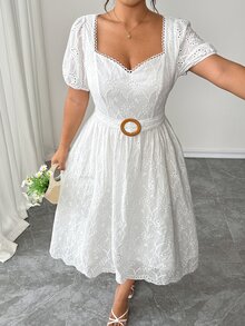 Elenzga Plus Size Women's Fashion French Elegant Exquisite Embroidered Hollow Lace Square Neck Cinched Waist Puff Short Sleeve Dress, Suitable For Summer, Back To School, Vacation, Valentine's Day, Christmas, Halloween, Date Party, Wedding Season, Outing And More - White - View 2