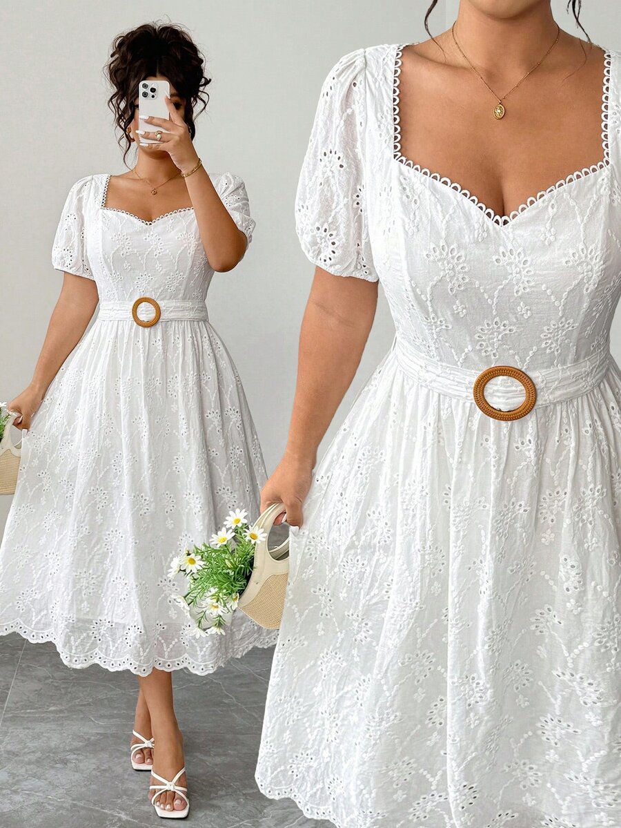 Elenzga Plus Size Women's Fashion French Elegant Exquisite Embroidered Hollow Lace Square Neck Cinched Waist Puff Short Sleeve Dress, Suitable For Summer, Back To School, Vacation, Valentine's Day, Christmas, Halloween, Date Party, Wedding Season, Outing And More - White - View 1