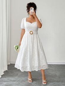 Elenzga Plus Size Women's Fashion French Elegant Exquisite Embroidered Hollow Lace Square Neck Cinched Waist Puff Short Sleeve Dress, Suitable For Summer, Back To School, Vacation, Valentine's Day, Christmas, Halloween, Date Party, Wedding Season, Outing And More - White - View 5