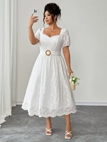 Elenzga Plus Size Women's Fashion French Elegant Exquisite Embroidered Hollow Lace Square Neck Cinched Waist Puff Short Sleeve Dress, Suitable For Summer, Back To School, Vacation, Valentine's Day, Christmas, Halloween, Date Party, Wedding Season, Outing And More - White - View 8