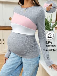 SHEIN Maternity Colorblock Nursing Functional Casual Daily Outing Top,Autumn Fall - Multicolor - View 2