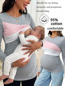 SHEIN Maternity Colorblock Nursing Functional Casual Daily Outing Top,Autumn Fall - Multicolor - View 1