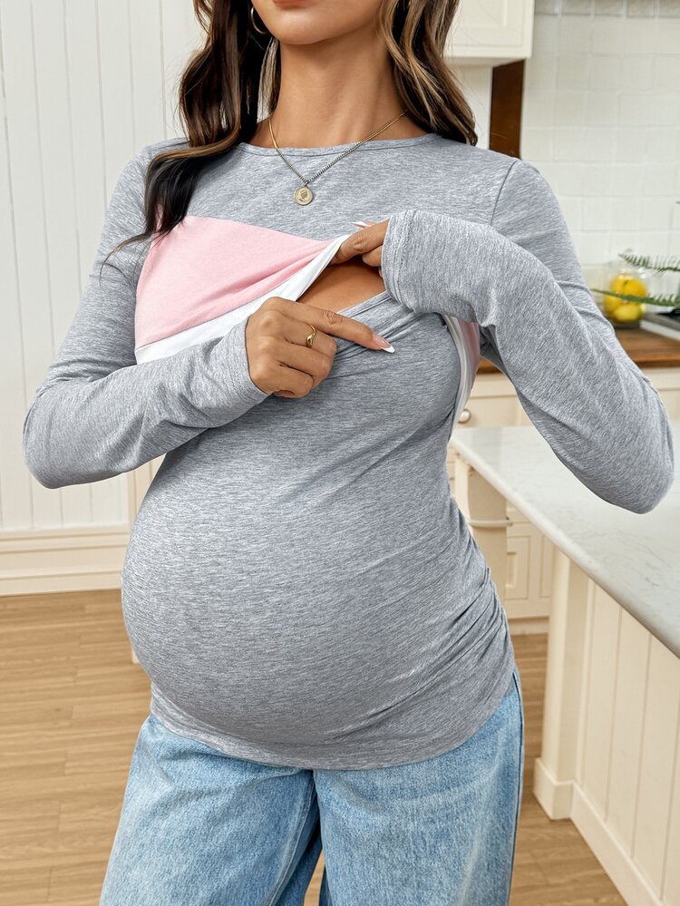 SHEIN Maternity Colorblock Nursing Functional Casual Daily Outing Top,Autumn Fall - Multicolor - View 3