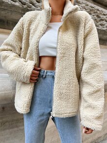 SHEIN Plus Size Solid Beige Color Zip Up Drop Shoulder Pocket Detailed Casual Teddy Coat - Beige - View 6