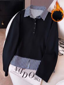 GlowEve CURVE Large-Sized Women's Sweatshirt With Simple And Casual Striped Patchwork Design For Autumn And Winter,Going Out Outfits,Black Top Work Outfits Office - Black - View 1