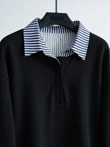 GlowEve CURVE Large-Sized Women's Sweatshirt With Simple And Casual Striped Patchwork Design For Autumn And Winter,Going Out Outfits,Black Top Work Outfits Office - Black - View 7