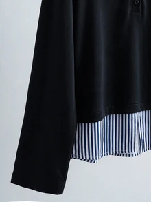 GlowEve CURVE Large-Sized Women's Sweatshirt With Simple And Casual Striped Patchwork Design For Autumn And Winter,Going Out Outfits,Black Top Work Outfits Office - Black - View 5