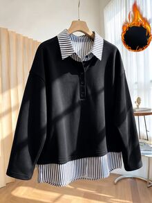 GlowEve CURVE Large-Sized Women's Sweatshirt With Simple And Casual Striped Patchwork Design For Autumn And Winter,Going Out Outfits,Black Top Work Outfits Office - Black - View 8