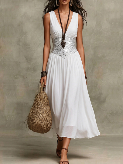 SHEIN Uhlyne Gaun Panjang Tanpa Lengan Wanita Model Reguler, Pinggang Berpayet Warna-warni, Leher V Dalam, Bagian Atas Pas Badan, Rok A-Line Longgar; Modis, Elegan, Seksi, Pesta. Gaun Panjang Wanita Model Tank Top, Cocok Untuk Kencan, Berkumpul, Gaya Jalanan.