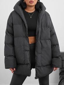 SHEIN Tall Zip Up Hooded Padded Coat With Two Pockets - Dark Grey - View 4
