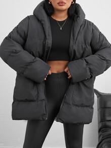 SHEIN Tall Zip Up Hooded Padded Coat With Two Pockets - Dark Grey - View 8
