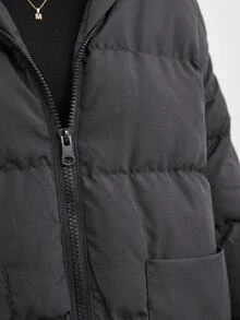 SHEIN Tall Zip Up Hooded Padded Coat With Two Pockets - Dark Grey - View 7