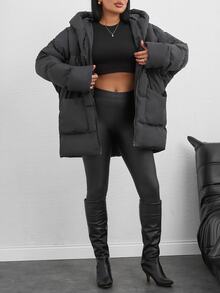 SHEIN Tall Zip Up Hooded Padded Coat With Two Pockets - Dark Grey - View 5