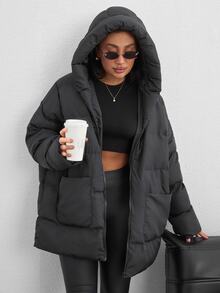 SHEIN Tall Zip Up Hooded Padded Coat With Two Pockets - Dark Grey - View 3