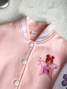 女童可愛卡通女孩圖案棒球夾克，秋冬款 - 粉色 - 查看 6