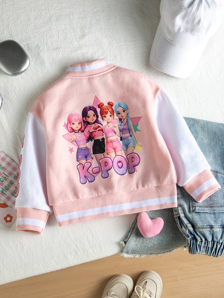 Girls' Cute Cartoon Girl Graphic Baseball Jacket, Autumn/Winter