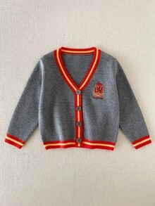 PrepCrw HARRY POTTER X SHEIN 小男孩V領對比色長袖紅黃條紋寬鬆針織開襟衫，學院風刺繡，適合返校季與日常穿著，可搭配襯衫層次穿搭 - 灰色 - 查看 5