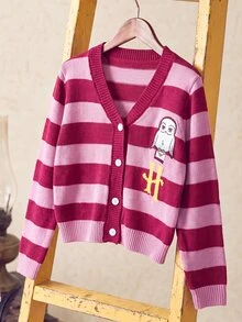 PrepCrw HARRY POTTER X SHEIN 兒童青少年女孩條紋拼色卡通刺繡寬鬆長袖針織開襟衫，舒適柔軟 - 粉色 - 查看 5