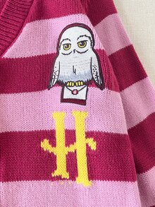 PrepCrw HARRY POTTER X SHEIN 兒童青少年女孩條紋拼色卡通刺繡寬鬆長袖針織開襟衫，舒適柔軟 - 粉色 - 查看 4