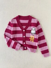 PrepCrw HARRY POTTER X SHEIN 兒童青少年女孩條紋拼色卡通刺繡寬鬆長袖針織開襟衫，舒適柔軟 - 粉色 - 查看 6