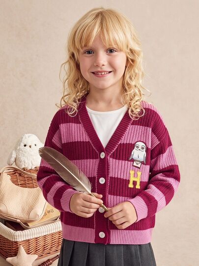 SHEIN Cárdigan de punto holgado de manga larga para niña preadolescente, a rayas con bloques de color y bordado de dibujos animados, cómodo y suave, para otoño