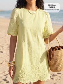 CAJUNI Vestido Curto Laise Yellow Renda Com Textura Com Mangas Vacation Summer Tropical European - Yellow - View 8