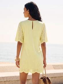 CAJUNI Vestido Curto Laise Yellow Renda Com Textura Com Mangas Vacation Summer Tropical European - Yellow - View 2