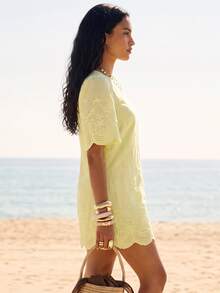 CAJUNI Vestido Curto Laise Yellow Renda Com Textura Com Mangas Vacation Summer Tropical European - Yellow - View 5