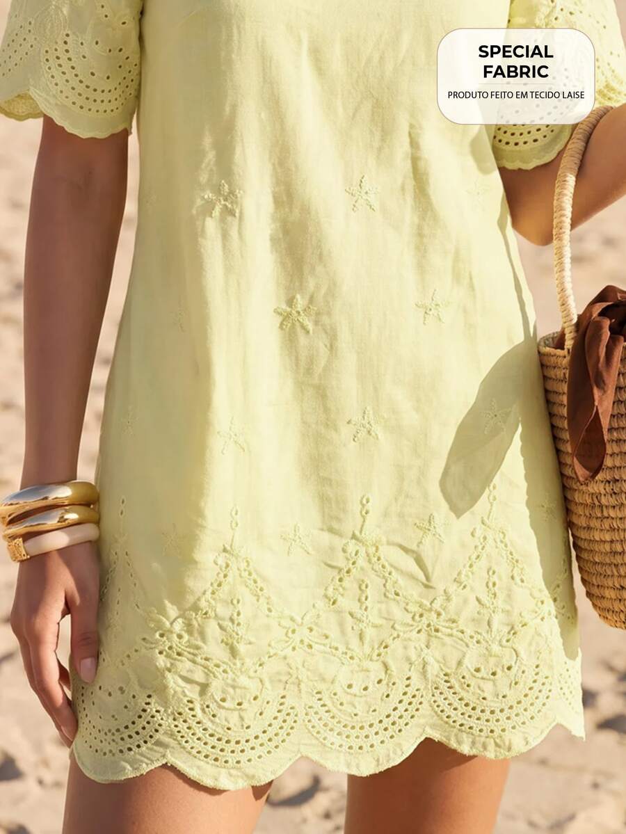 CAJUNI Vestido Curto Laise Yellow Renda Com Textura Com Mangas Vacation Summer Tropical European - Yellow - View 1