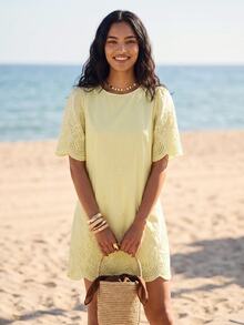 CAJUNI Vestido Curto Laise Yellow Renda Com Textura Com Mangas Vacation Summer Tropical European - Yellow - View 3