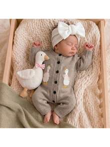 SHEIN Newborn Baby Single-Breasted Duck Pattern Casual Versatile Daily Knit Long Sleeve Autumn Winter Romper Neutral Beige - Camel - View 7