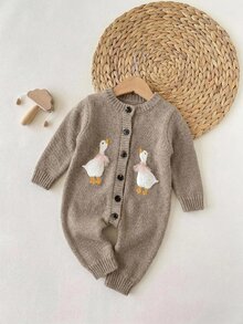 SHEIN Newborn Baby Single-Breasted Duck Pattern Casual Versatile Daily Knit Long Sleeve Autumn Winter Romper Neutral Beige - Camel - View 4