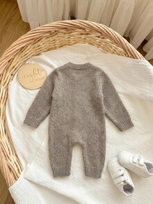 SHEIN Newborn Baby Single-Breasted Duck Pattern Casual Versatile Daily Knit Long Sleeve Autumn Winter Romper Neutral Beige - Camel - View 3
