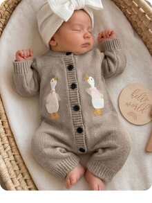 SHEIN Newborn Baby Single-Breasted Duck Pattern Casual Versatile Daily Knit Long Sleeve Autumn Winter Romper Neutral Beige - Camel - View 1