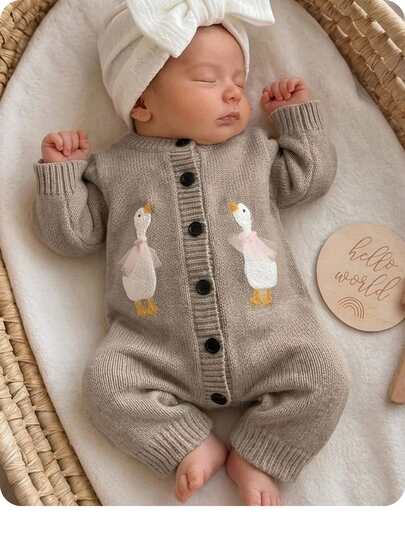 SHEIN Newborn Baby Single-Breasted Duck Pattern Casual Versatile Daily Knit Long Sleeve Autumn Winter Romper Neutral Beige