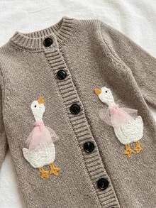 SHEIN Newborn Baby Single-Breasted Duck Pattern Casual Versatile Daily Knit Long Sleeve Autumn Winter Romper Neutral Beige - Camel - View 2