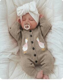SHEIN Newborn Baby Single-Breasted Duck Pattern Casual Versatile Daily Knit Long Sleeve Autumn Winter Romper Neutral Beige - Camel - View 8