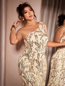 Cravure Plus Size French Elegant One Shoulder Sequin Dress For Evening Party Birthday - Apricot - View 6