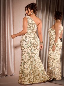 Cravure Plus Size French Elegant One Shoulder Sequin Dress For Evening Party Birthday - Apricot - View 2