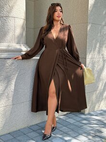 SHEIN LUNE CURVE Plus Size Long Sleeve Tie Waist Long Dress - Coffee Brown - View 2