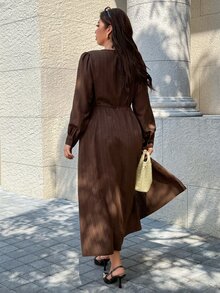 SHEIN LUNE CURVE Plus Size Long Sleeve Tie Waist Long Dress - Coffee Brown - View 5