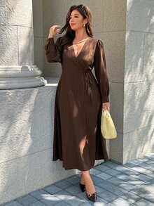 SHEIN LUNE CURVE Plus Size Long Sleeve Tie Waist Long Dress - Coffee Brown - View 3