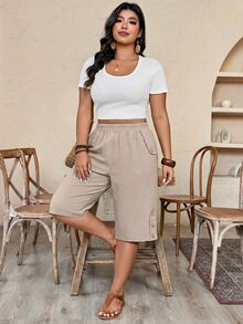 EMERY ROSE Plus Size Women Solid Color Elastic Waist Pocket Casual Versatile Commute Shorts - Apricot - View 6