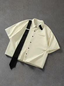 ROMWE MEN Men's Tie Patchwork Loose Short Sleeve Shirt - Apricot - View 5