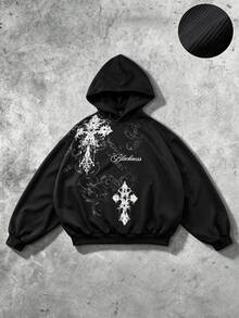 ROMWE MEN Street Life 男士休閒十字印花連帽衛衣，秋季 - 黑色 - 查看 3