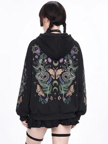 ROMWE Women Fall Winter Gothic Hippie Style Bindweed Butterfly Coiled Snake Thorn Tree Print Zip-Up Loose Drawstring Hoodie Sweatshirt - Black - View 3