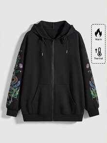 ROMWE Women Fall Winter Gothic Hippie Style Bindweed Butterfly Coiled Snake Thorn Tree Print Zip-Up Loose Drawstring Hoodie Sweatshirt - Black - View 2