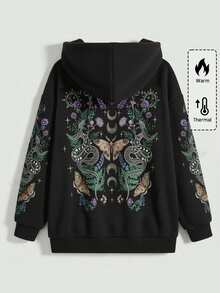 ROMWE Women Fall Winter Gothic Hippie Style Bindweed Butterfly Coiled Snake Thorn Tree Print Zip-Up Loose Drawstring Hoodie Sweatshirt - Black - View 1