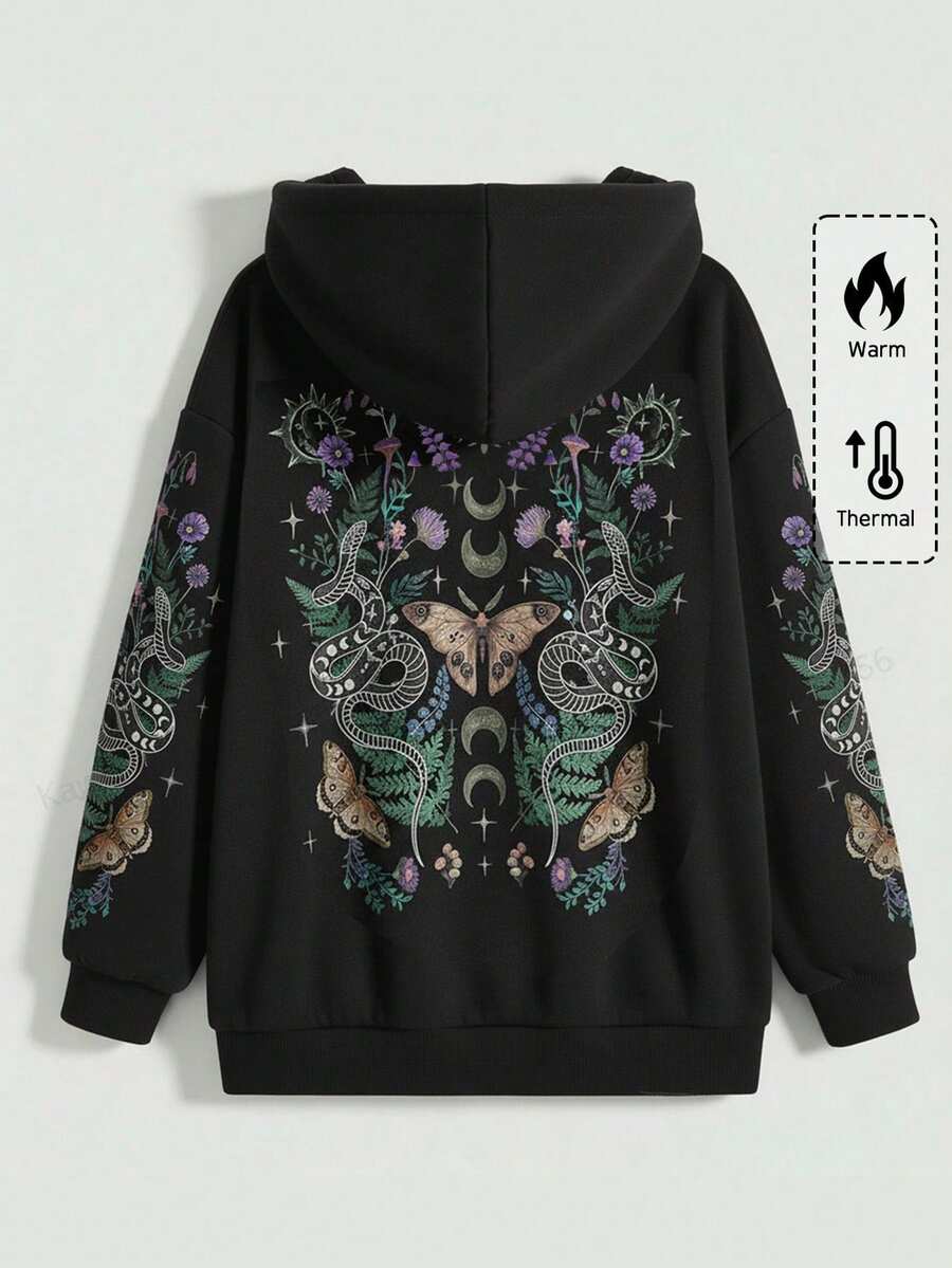 ROMWE Women Fall Winter Gothic Hippie Style Bindweed Butterfly Coiled Snake Thorn Tree Print Zip-Up Loose Drawstring Hoodie Sweatshirt - Black - View 1