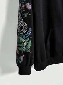 ROMWE Women Fall Winter Gothic Hippie Style Bindweed Butterfly Coiled Snake Thorn Tree Print Zip-Up Loose Drawstring Hoodie Sweatshirt - Black - View 5